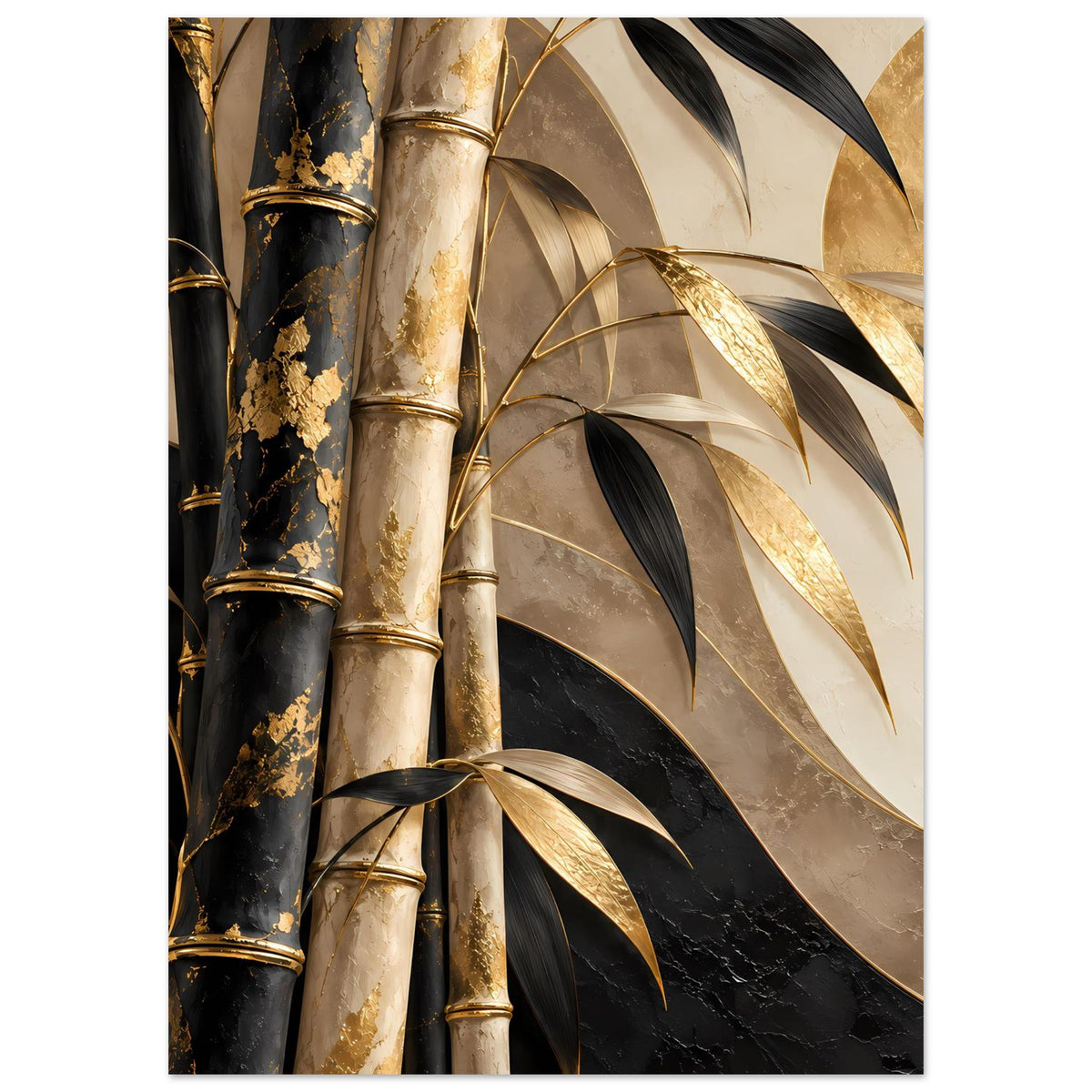 Bambus-Poster mit Bambusstangen in Schwarz und Beige, goldene Highlights, Blätter