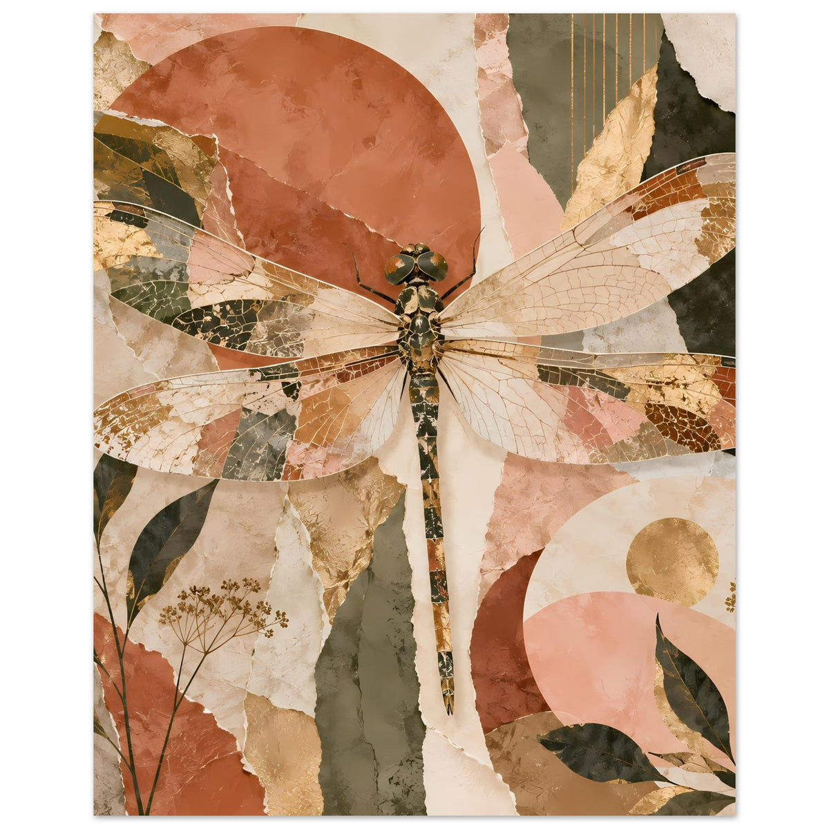 Deko-Poster mit Libelle im Boho-Stil, vertikal, Collage-Optik in Braun, Grün und Rosa.