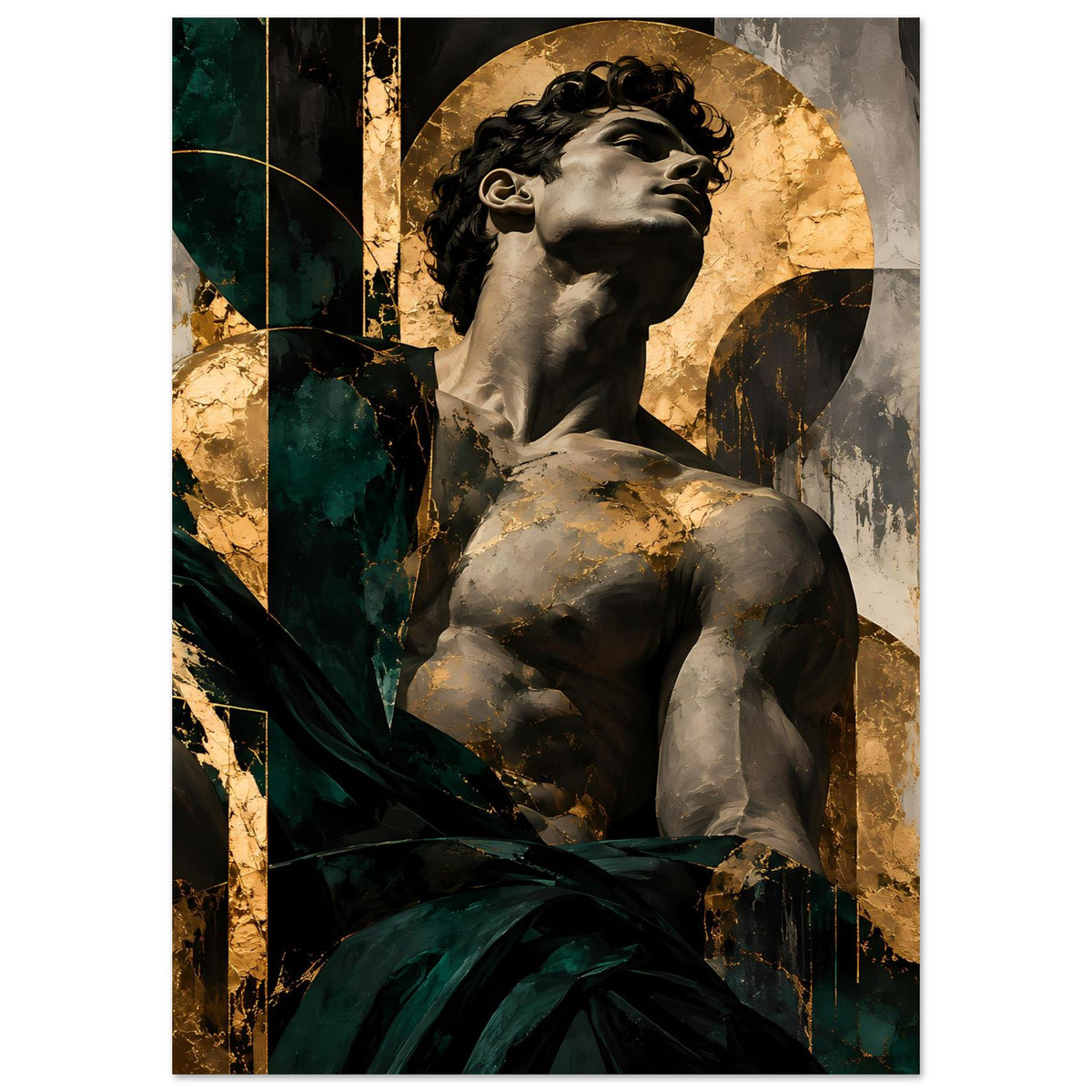 Kunstposter im Hochformat: Oberkörper der Skulptur, Grau, Dunkelgrün und goldene Bögen