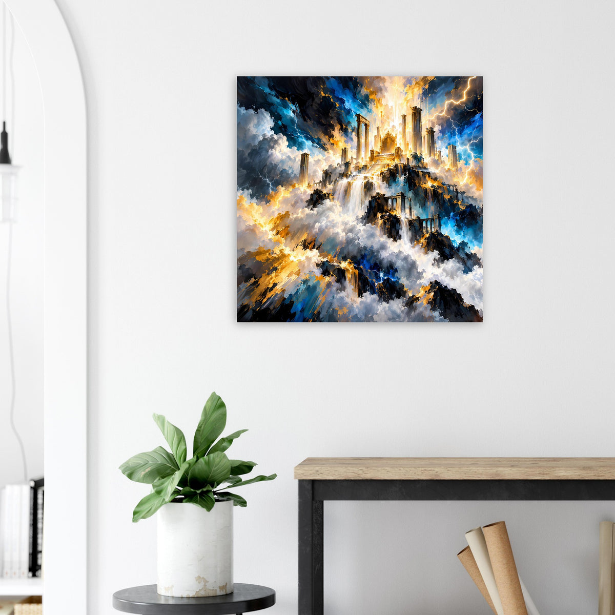 Quadratisches Fantasy-Poster mit schwarzem Rahmen, goldene Lichtstadt über dunklen Wolken