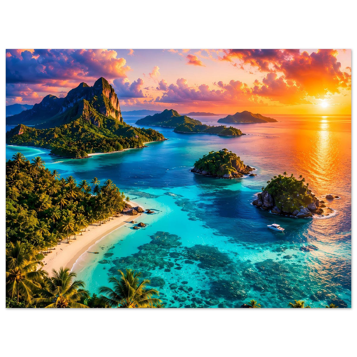 Poster mit Küstenpanorama: türkisblaues Wasser, Sandstrand, Inselchen und leuchtender Abendhimmel