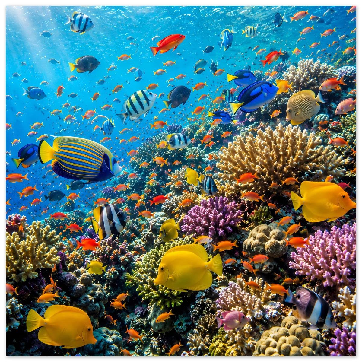 Poster mit Korallenriff und bunten tropischen Fischen, randlos mit schwarzem Rand