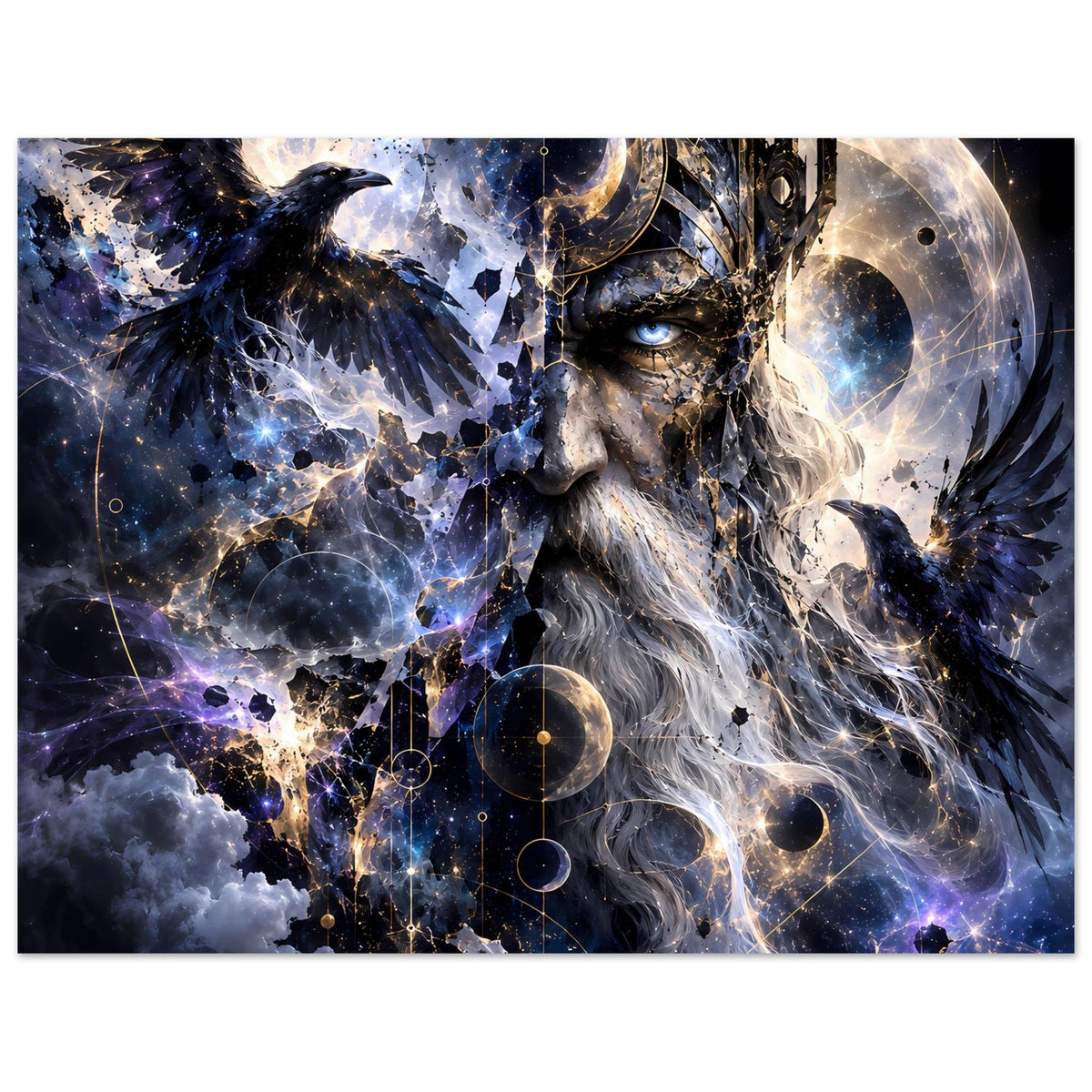 Fantasy-Poster im Querformat: König mit Bart, Rabe und kosmische Spiralen