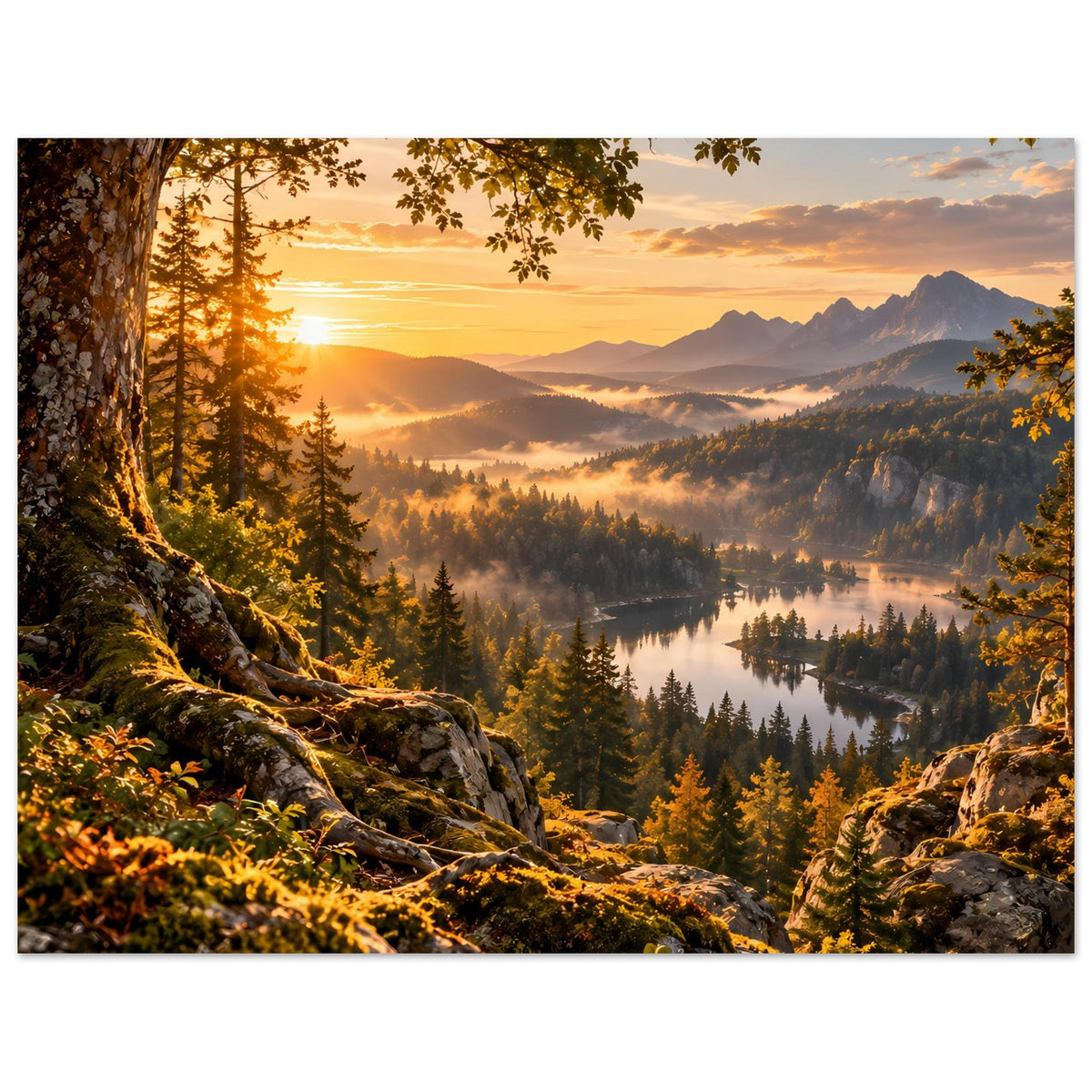 Landschaftsposter mit goldenem Sonnenaufgang, Bergsee, Nadelwald und Felsvordergrund