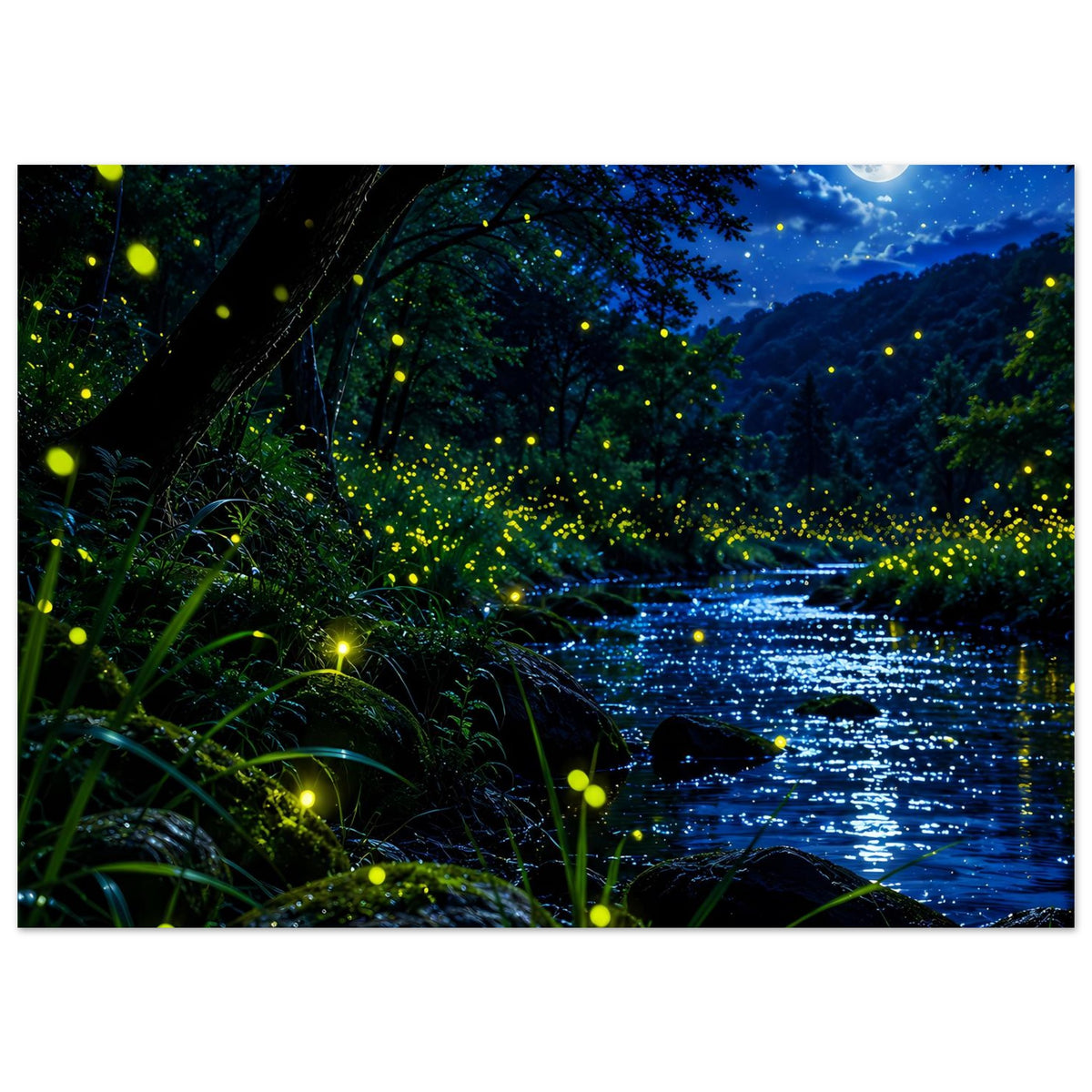 Poster mit Wald am Fluss bei Nacht, leuchtende Glühwürmchen und dunkle Uferfelsen