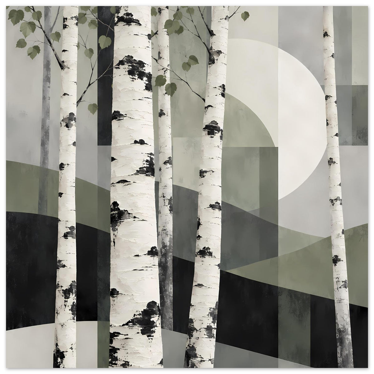 Naturposter mit Birkenwald-Illustration, helle Rinde, schwarze Akzente und olivgrüne Blätter