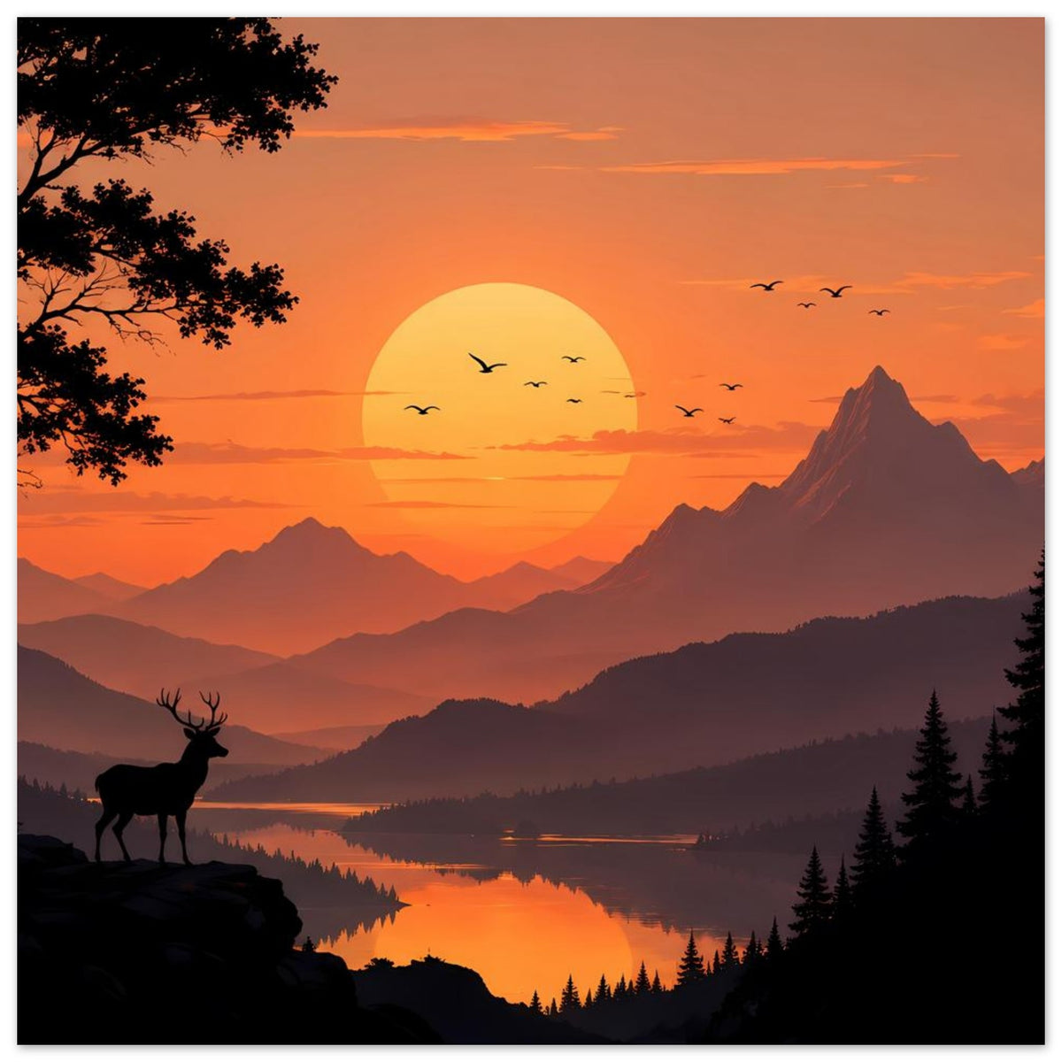 Landschaftsposter (Hochformat): Berge, See und orange Sonne mit Vögeln, Hirsch-Silhouette