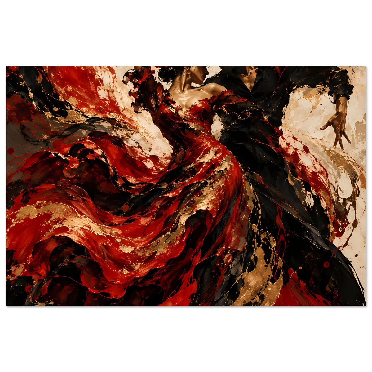 Kunstposter: Flamenco-Tanz in Rot, Gold und Schwarz, dynamische Pinselstriche und Sprenkel