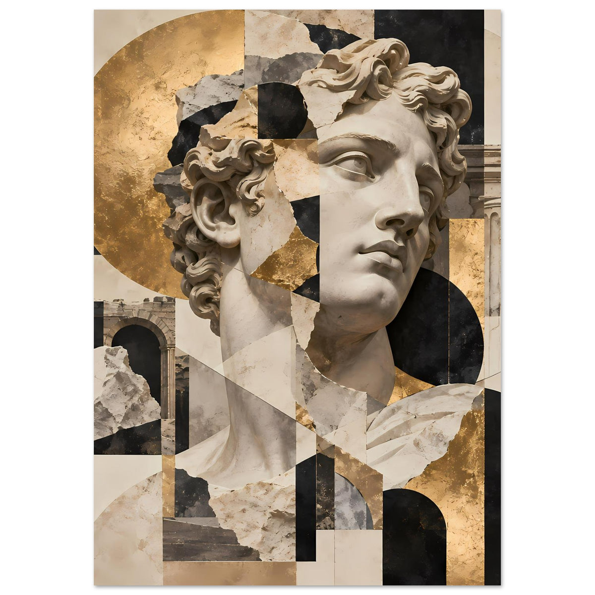 Kunstposter mit Porträt eines antiken Frauenkopfs, Gold- und Schwarzflächen