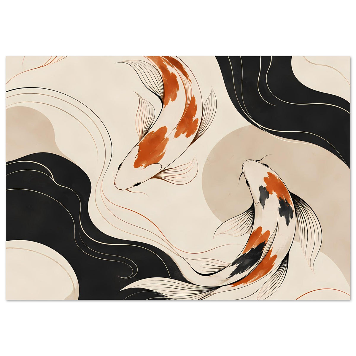 Japanisches Koi-Fisch-Poster mit schwarzen Wellen und orangefarbenen Fischen auf beigem Grund