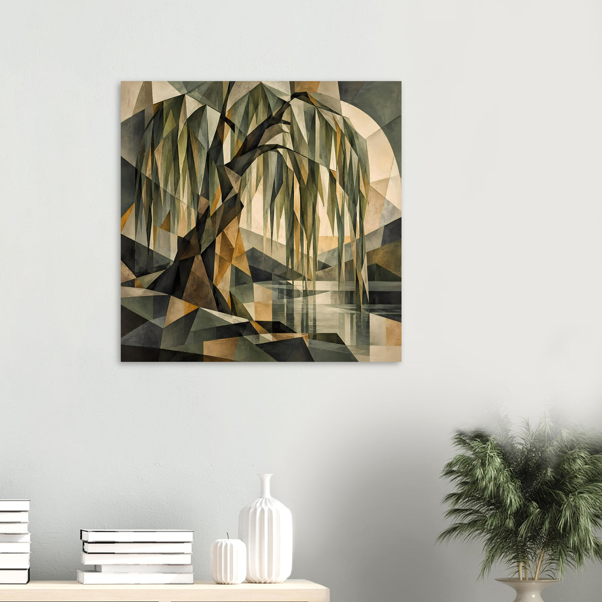 Quadratisches Poster mit geometrischem Baum in erdigen Grün-, Beige- und Grautönen