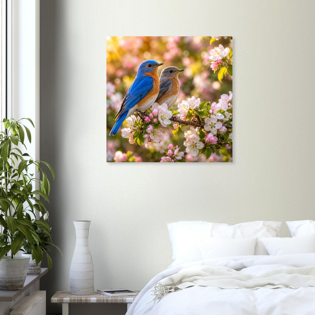 Poster mit zwei Vögeln auf rosa Blütenzweig