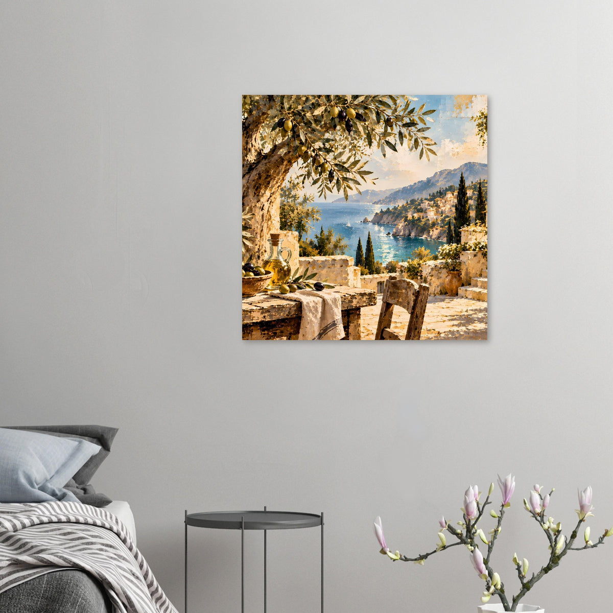 Kleines Küstenposter an der Wand mit Meer, Steinterrasse und Olivenzweigen