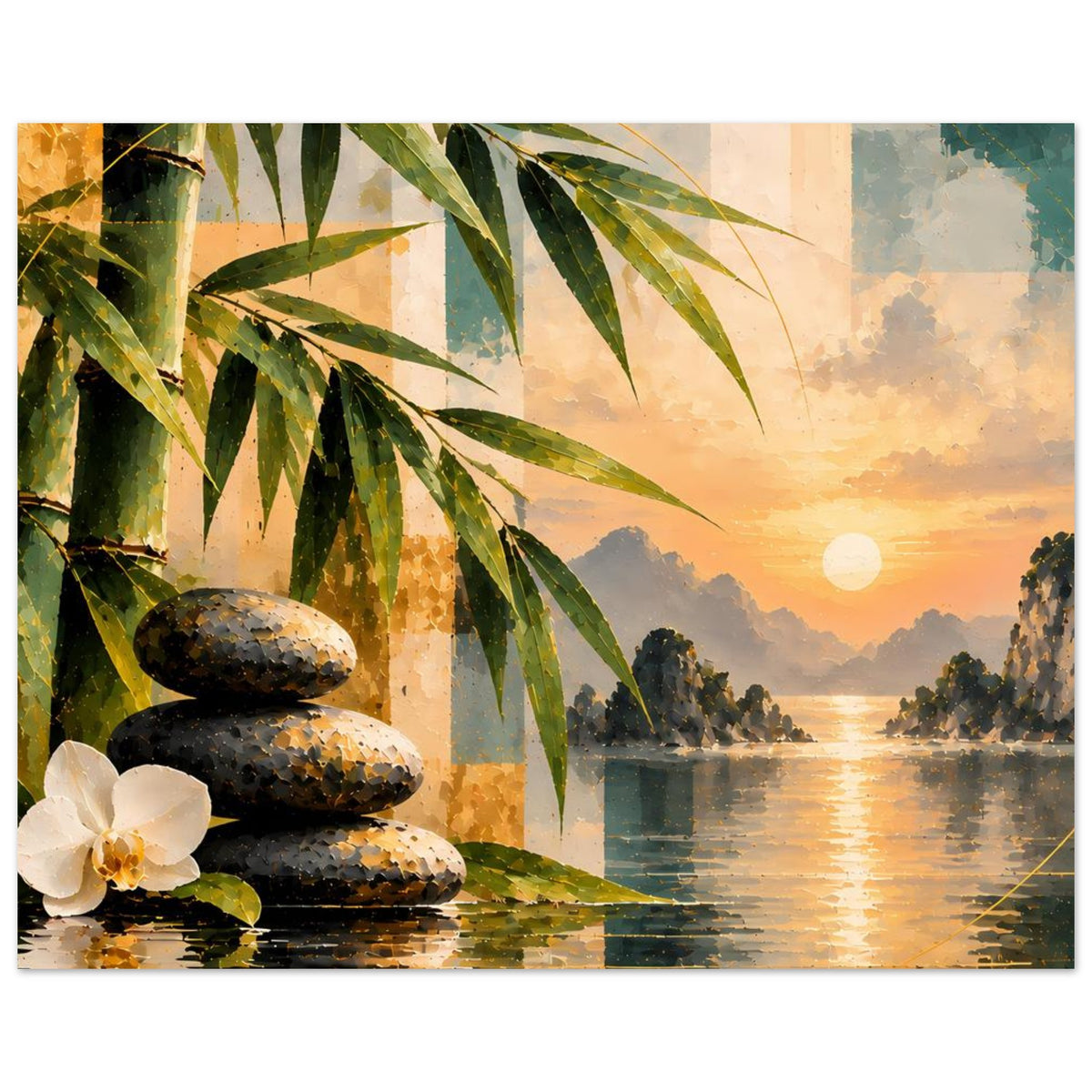 Deko-Poster mit Bambus, dunklem Steinstapel, weißer Orchidee und ruhigem See im Abendlicht