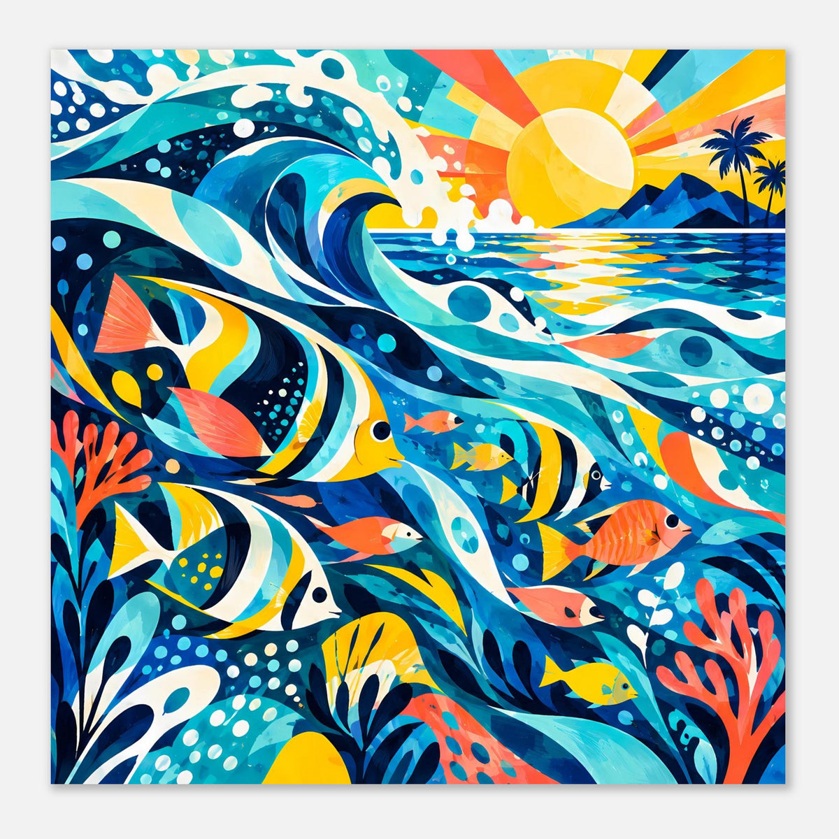 Nahes Querformat-Poster mit bunten Fischen, Wellen, Korallen und Sonnengelb