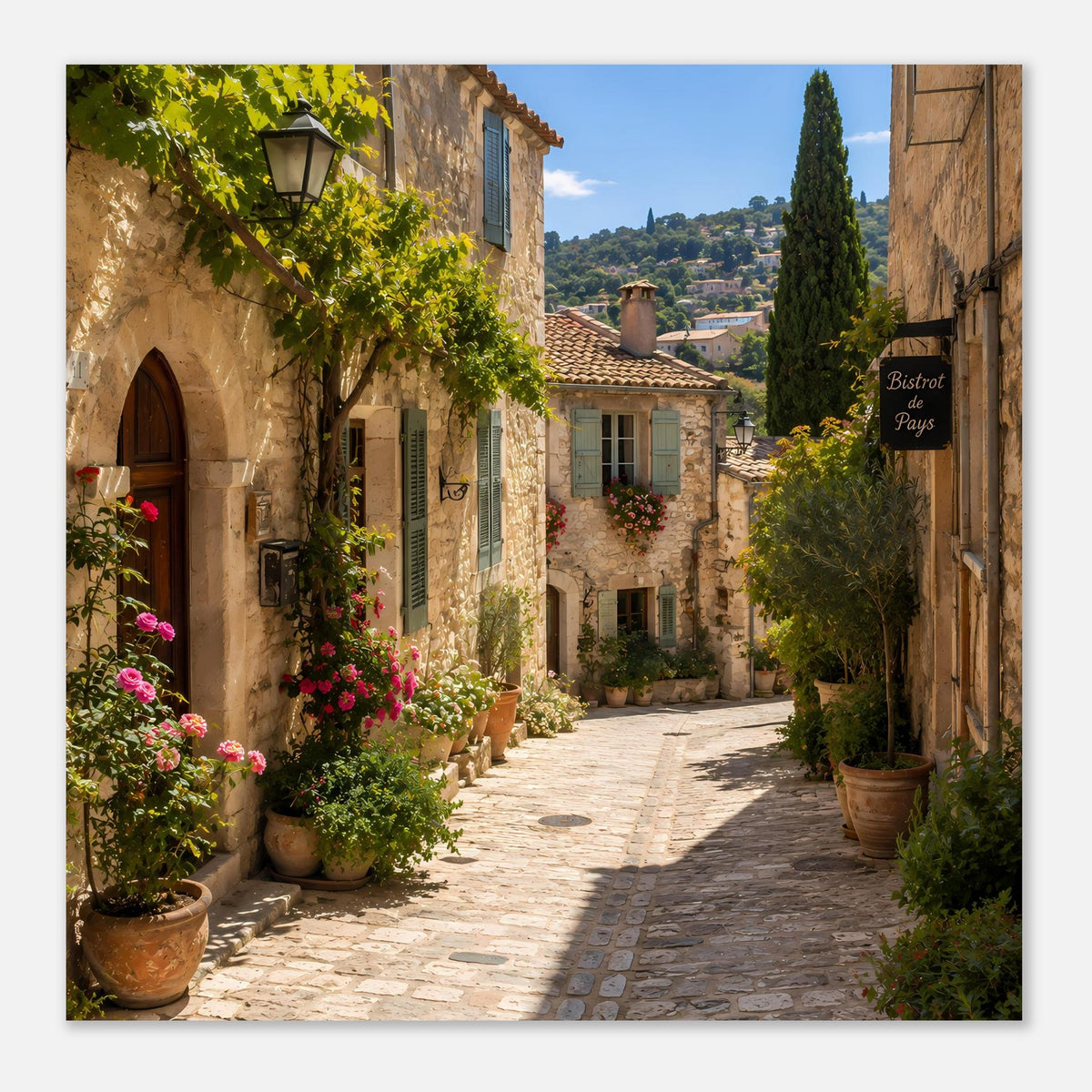 Poster: mediterrane Gasse mit blühenden Kübeln, Natursteinmauern und Zypressen
