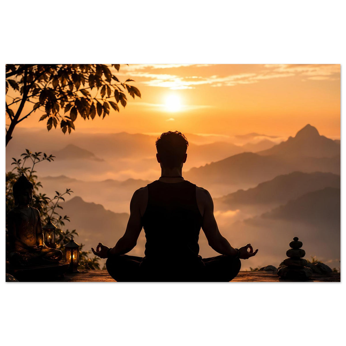 Meditationsposter mit Silhouette im Lotussitz vor Sonnenuntergangsbergen und Fackellichtern