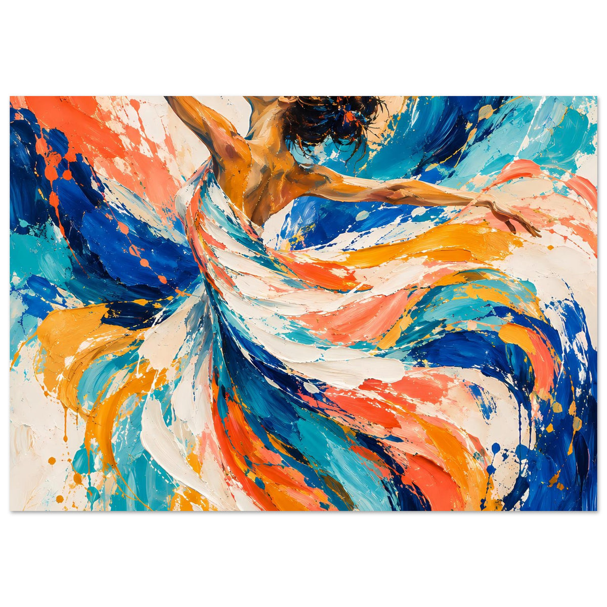 Abstraktes Tanzposter, Nahansicht der Tänzerin, Pinselstriche und Spritzer in Blau und Orange