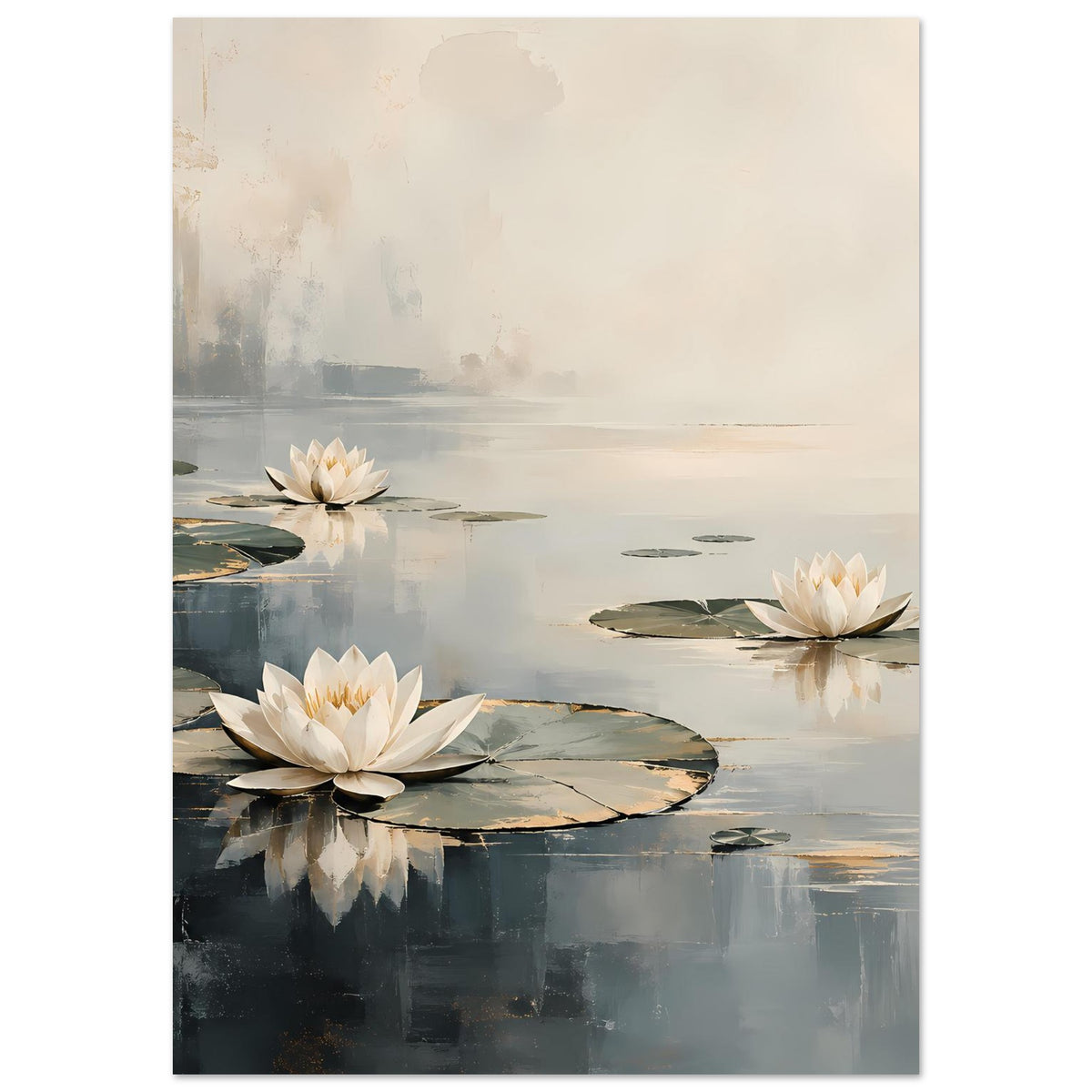 Poster mit Seerosenblüten und runden Wasserblättern, gedämpfte Neutraltöne
