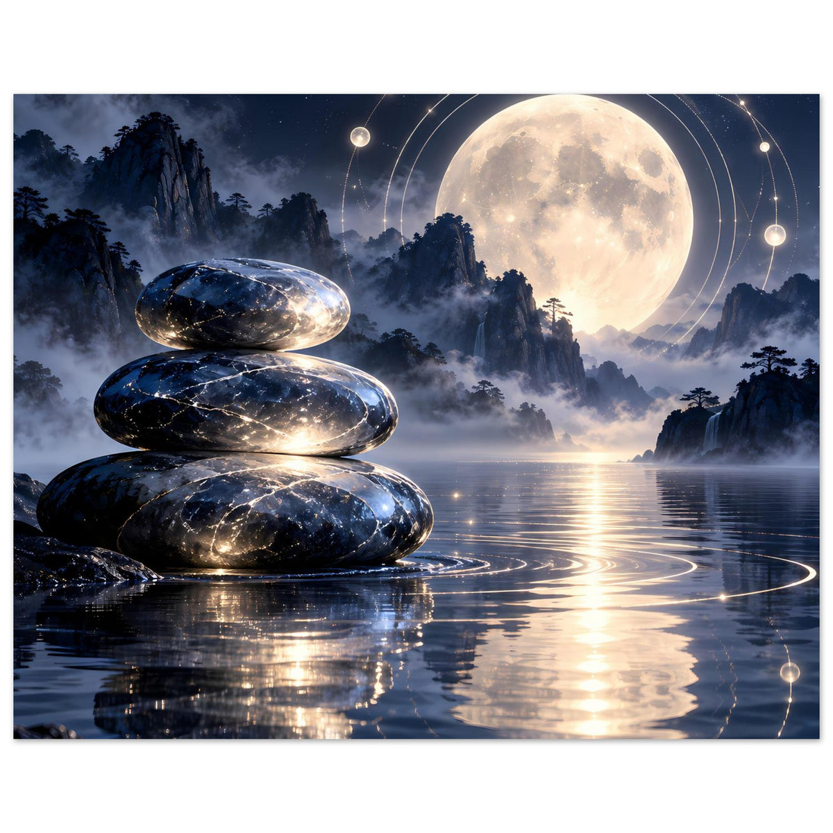Wandposter (querformat) mit drei Zen-Steinen, Nebelbergen und großem Mond am Wasser
