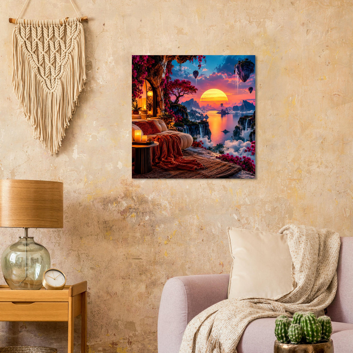Quadratisches Wandposter mit farbenreicher Traumlandschaft: orangefarbene Sonne, Pflanzenweg, Licht