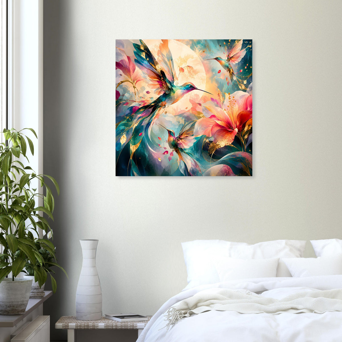 Quadratisches Kunstposter mit Kolibri über Blüten, mehrfarbiges Aquarellmotiv