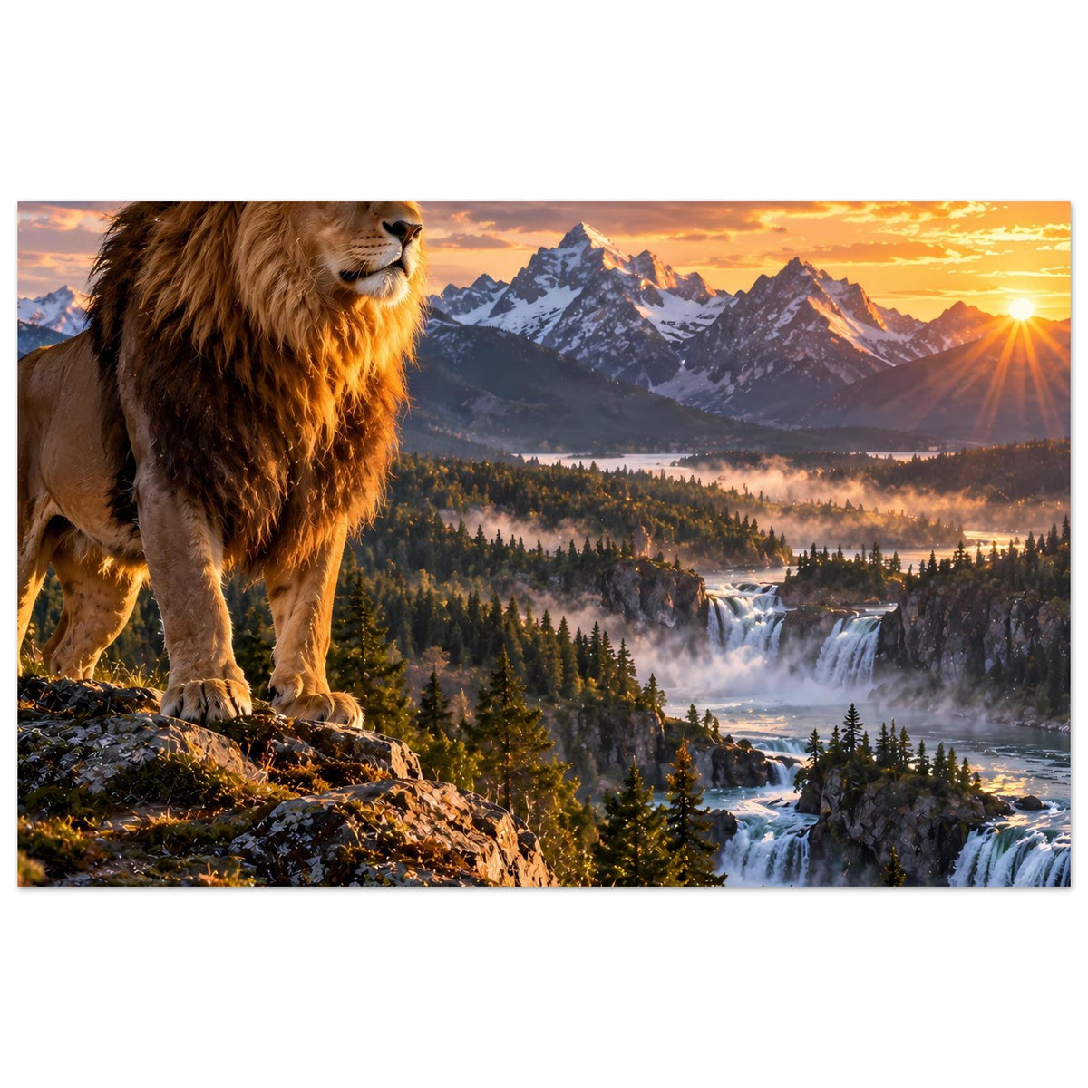 Löwenmotiv Poster im Querformat: Löwe links, goldener Himmel über Wald und Wasserfällen