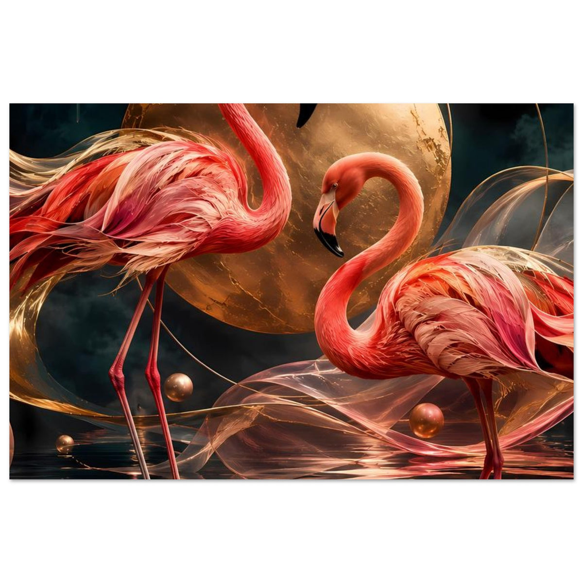 Kunstposter: zwei rosa Flamingos vor goldener Mondkugel