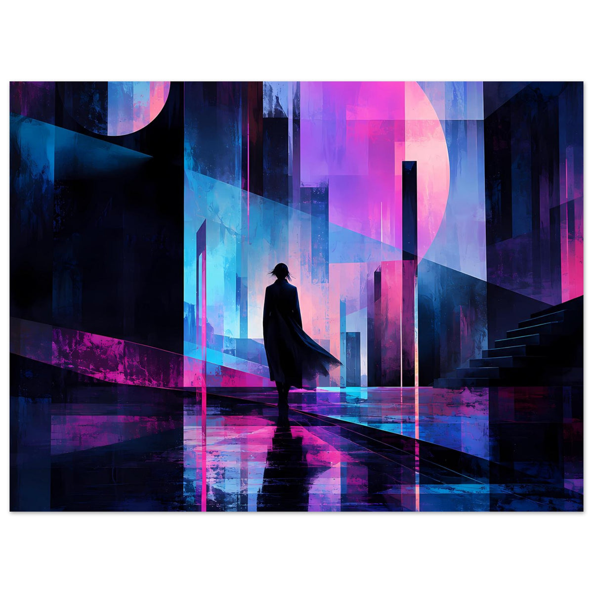 Neon-Nachtlandschaft-Poster (querformat) mit stehender Silhouette und pink-blauen Leuchtfarben