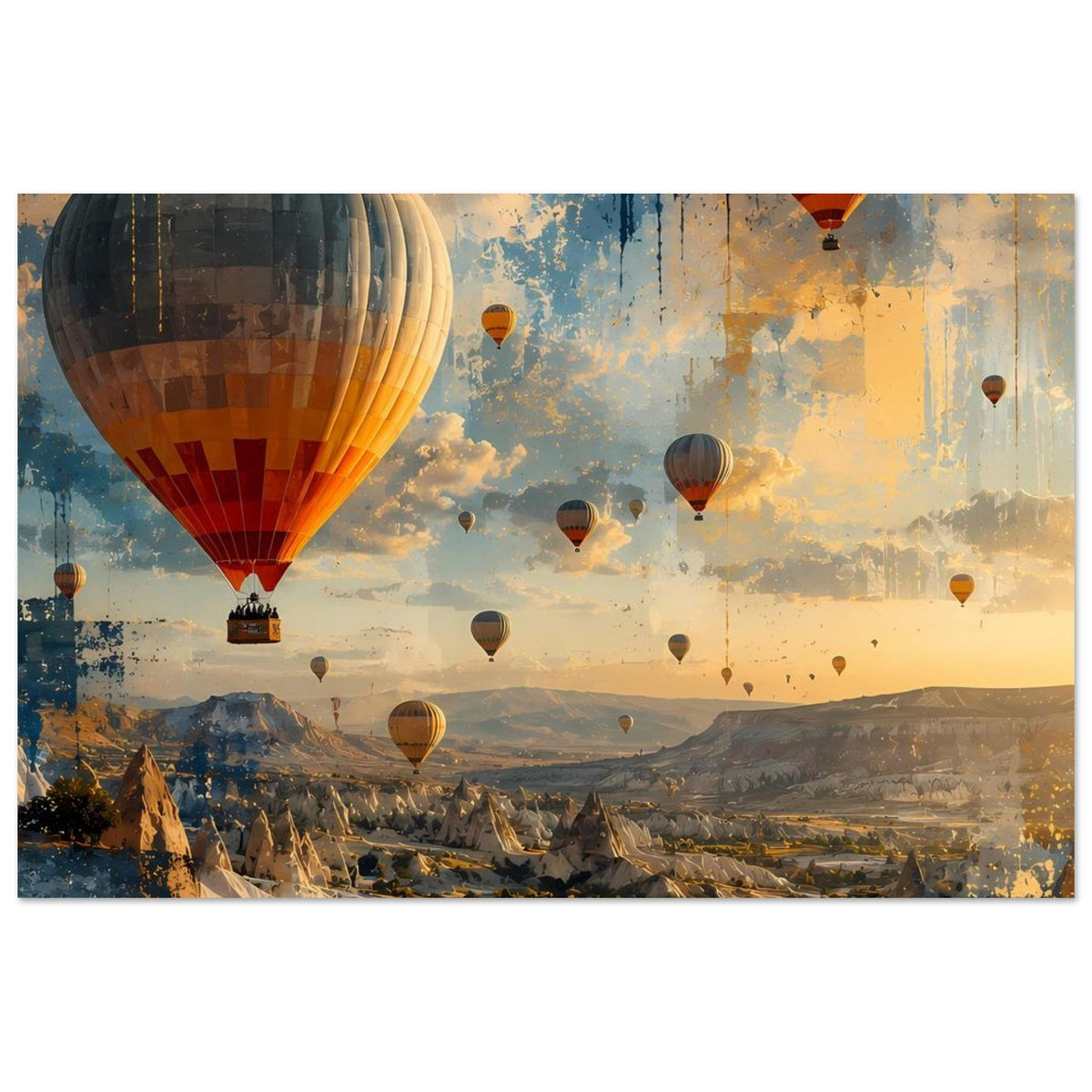 Landschaftsposter mit großem Heißluftballon links, kleine Ballons über Bergtal