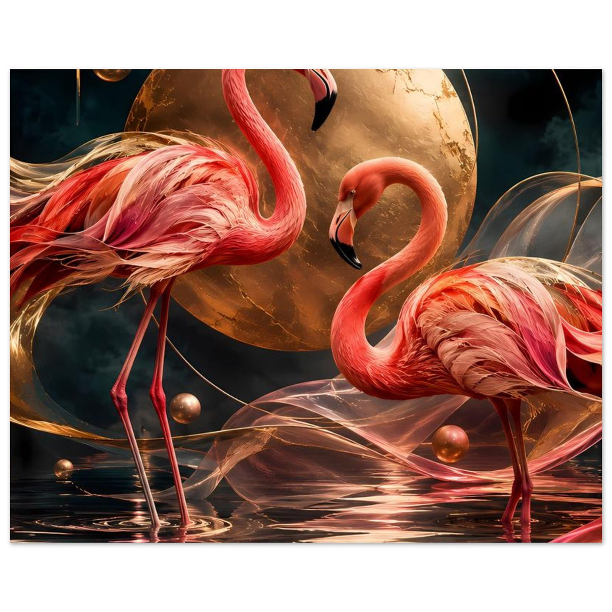 Kunstposter im Vollformat: zwei rosafarbene Flamingos vor goldener Mondkugel, Spiegelung
