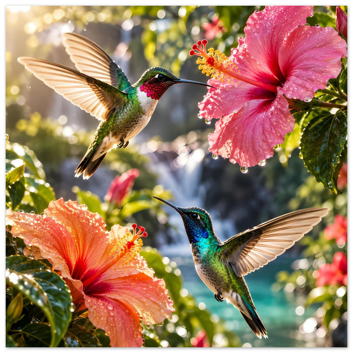 Poster mit zwei Kolibris und pinkem Hibiskus, vertikal