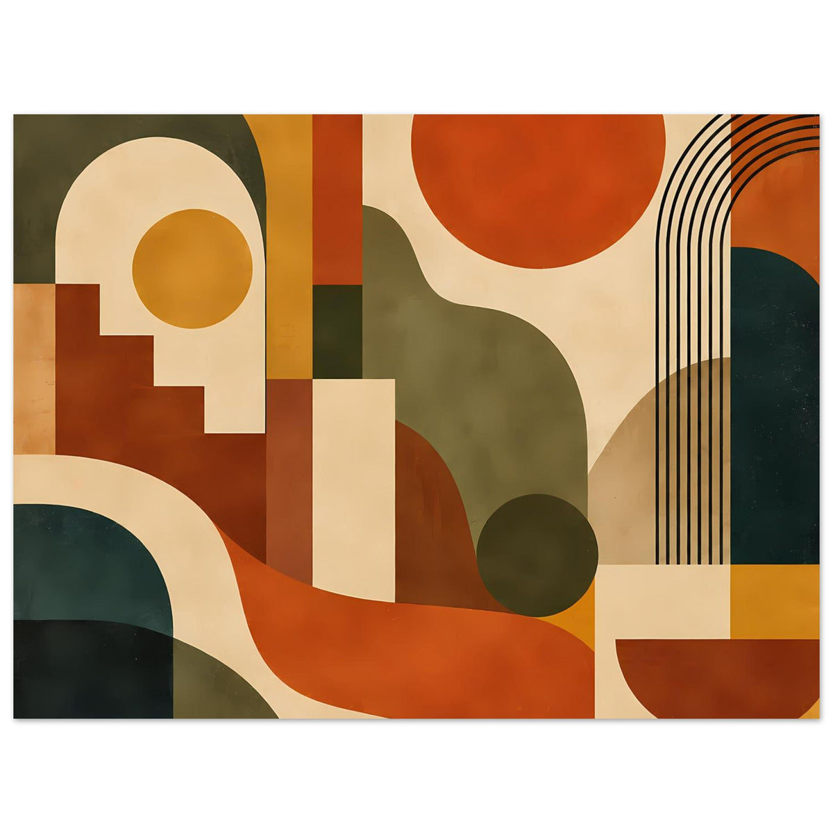 Abstrakter Poster: warmes Geometrie-Design mit Kreisen, Rechtecken und Linien am rechten Rand