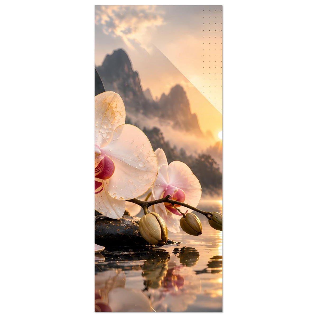 Vertikales Orchideenposter: weiße Orchideenblüten auf Fels am Sonnenaufgang über dem See.