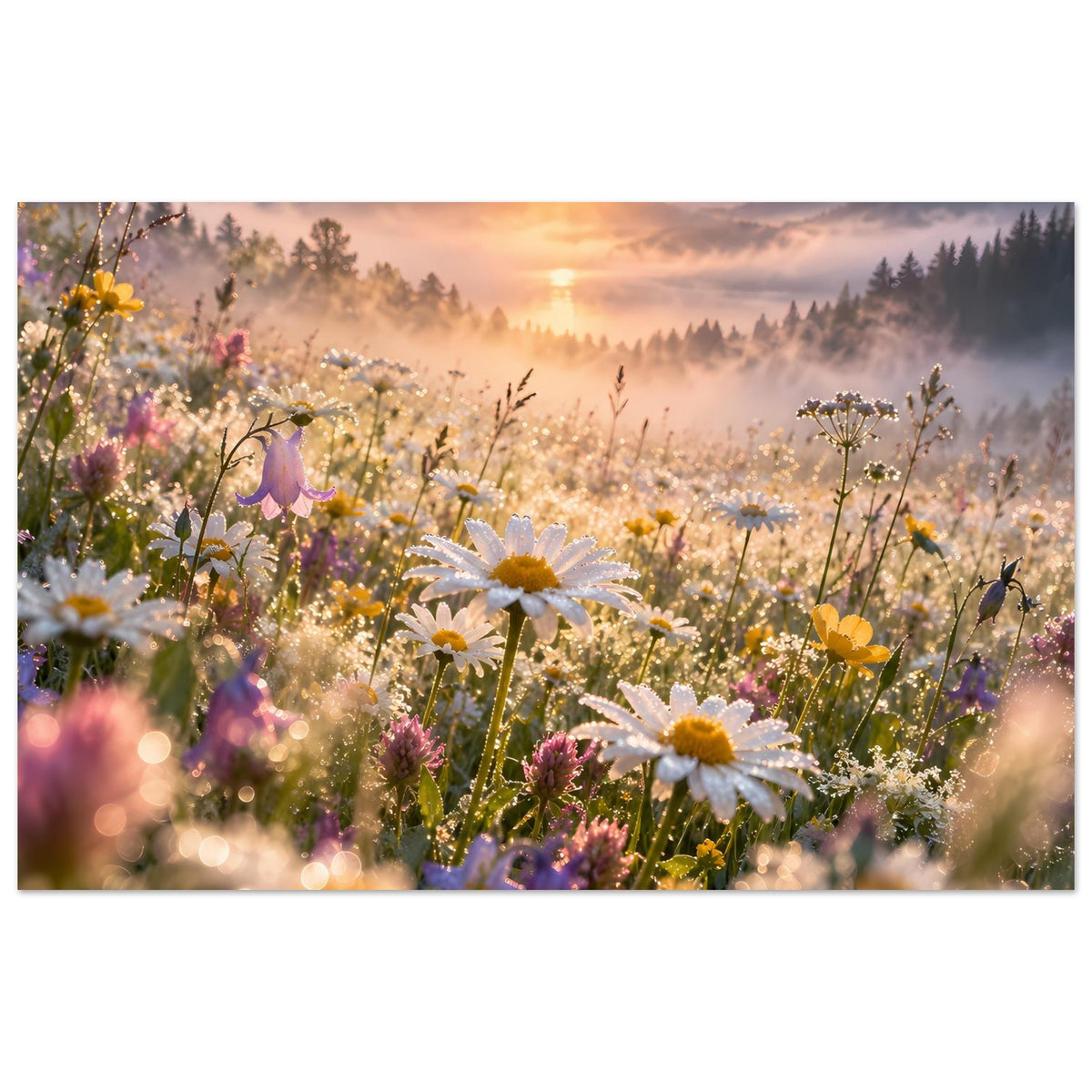 Wandposter mit Wiesenblumen im Sonnenaufgang, gelbe und weiße Blüten, Nebel im Tal