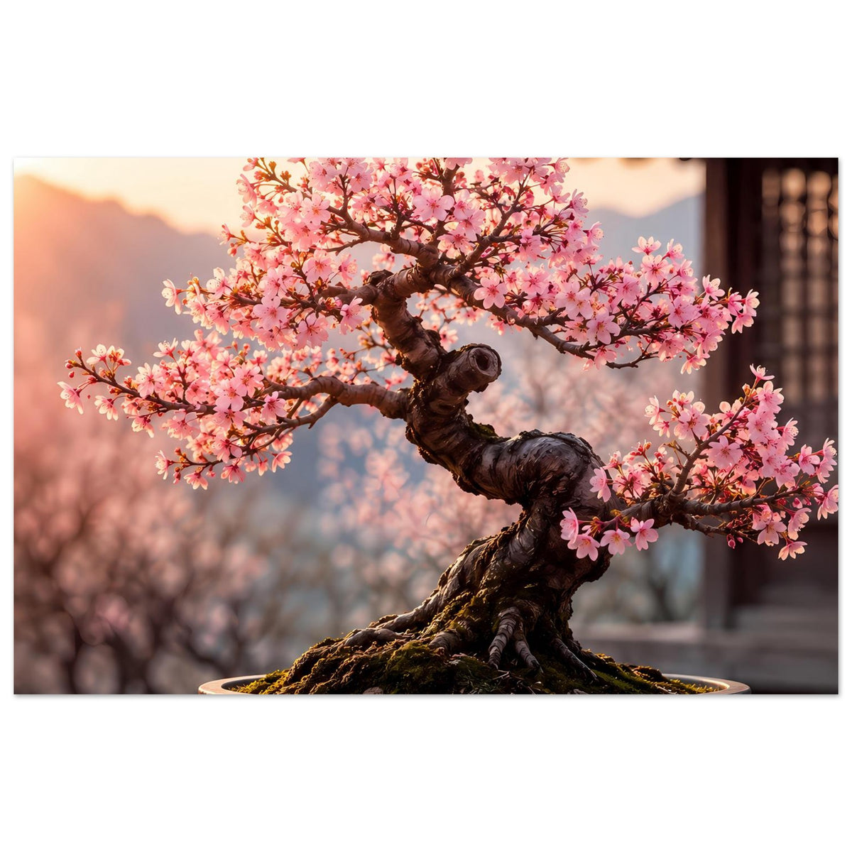 Poster: Bonsai mit rosa Blüten über runder Schale, dunkler Stamm mit markanter Krümmung