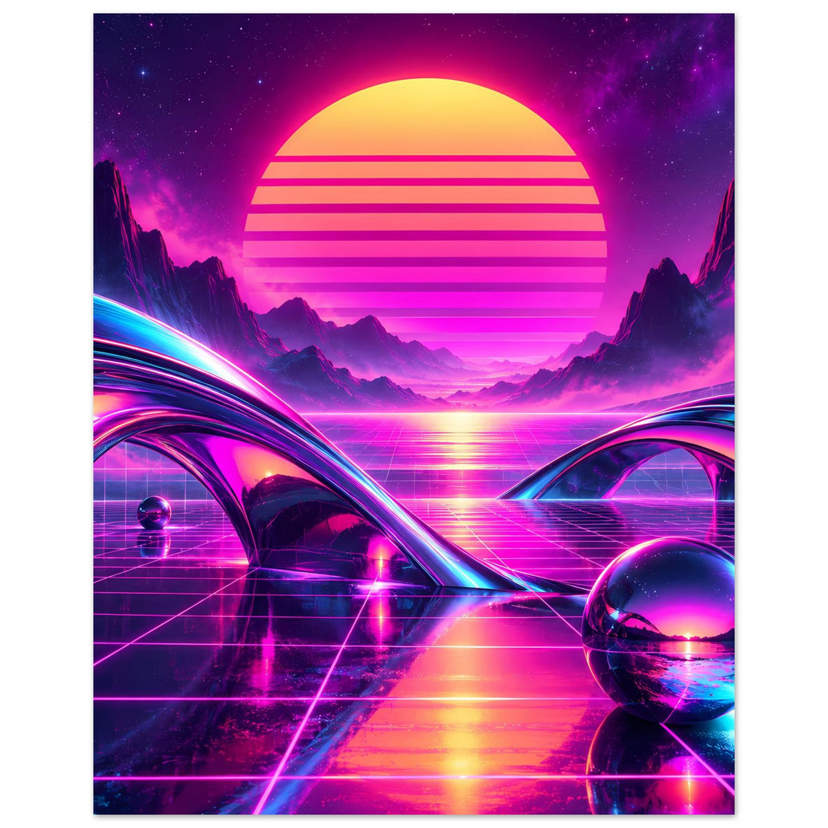Retro-Science-Fiction-Poster: große Sonne, Neonstraße mit Astronauten-Silhouette und Kugel rechts