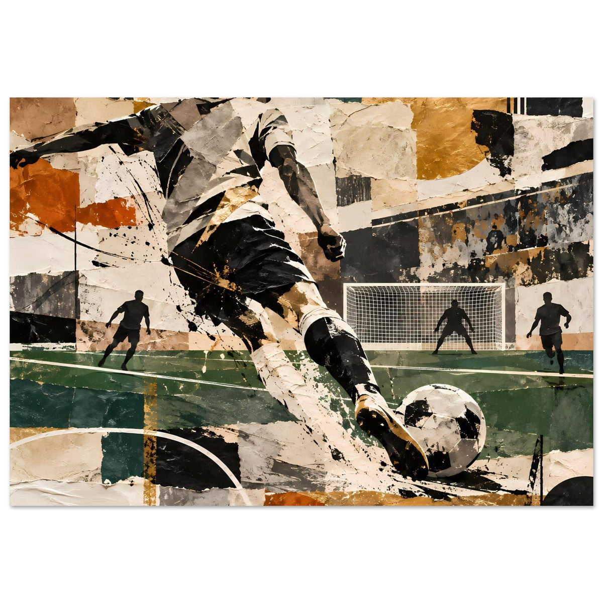 Horizontales Kunstposter mit Fußballspieler und Ball, abstraktes Wandgemälde-Finish, grün-braune Akzente