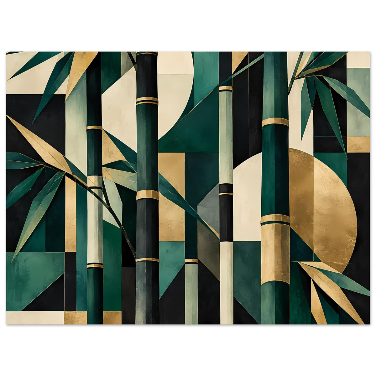 Wandposter mit abstrakten Bambusstämmen in Smaragdgrün, Gold und Beige, gerahmte Optik