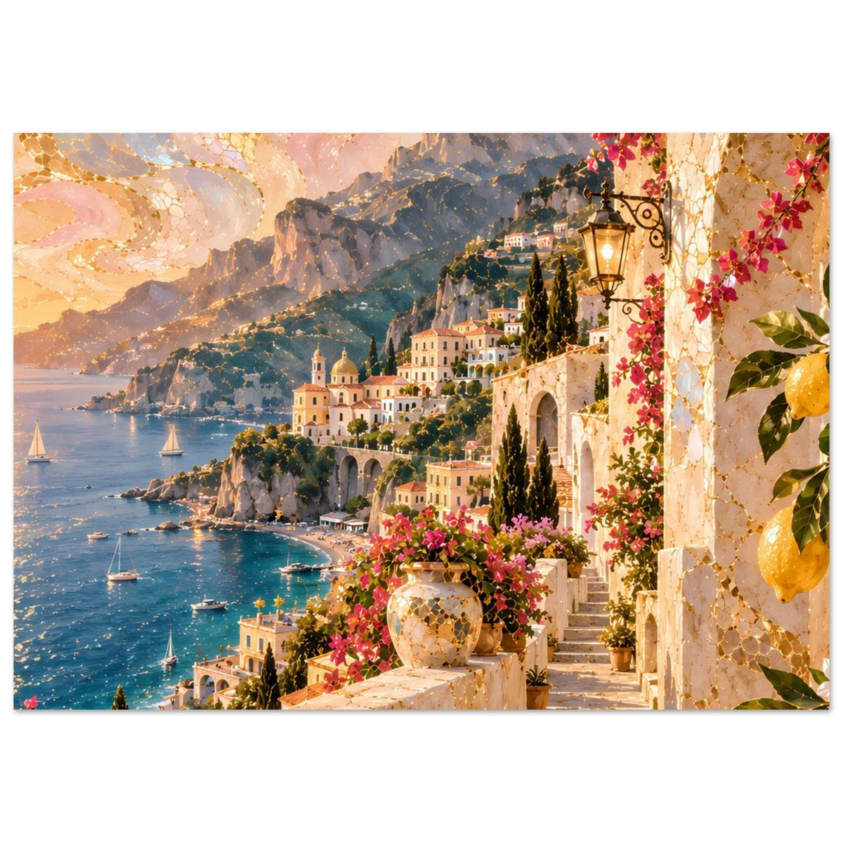 Mediterranes Küstenposter: Meerbucht mit Segelbooten, Häusern und Lichterlaterne