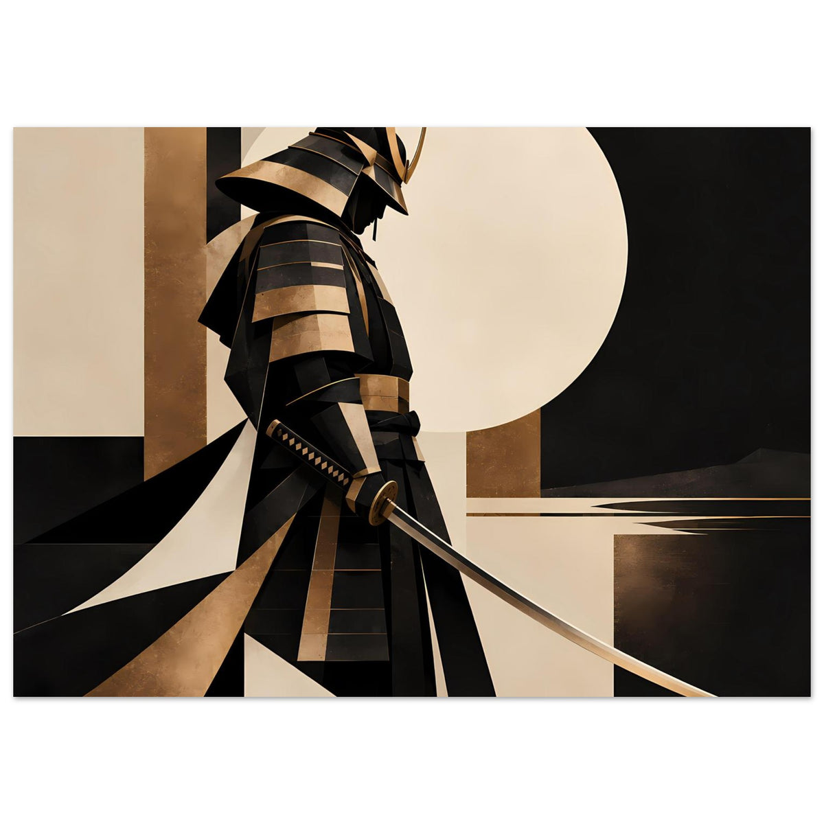 Horizontales Kunstposter mit Samurai im Profil, schwarz-goldene Streifen und schräger Klinge