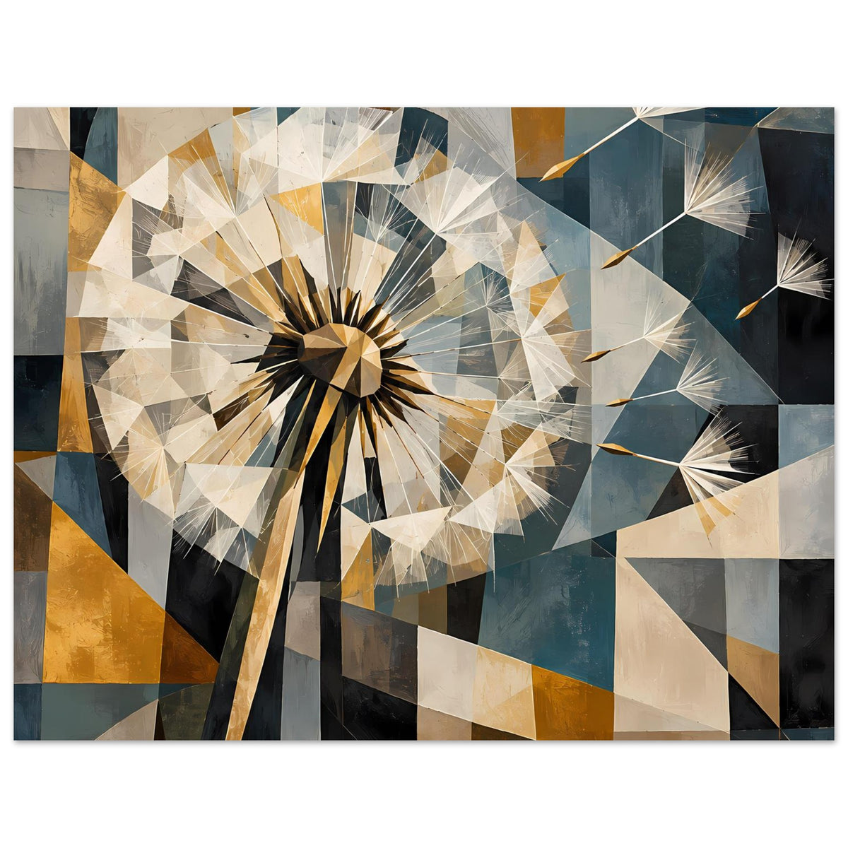 Geometrisches Löwenzahn-Poster, horizontal: geometrischer Löwenzahn in Blau und warmem Braun