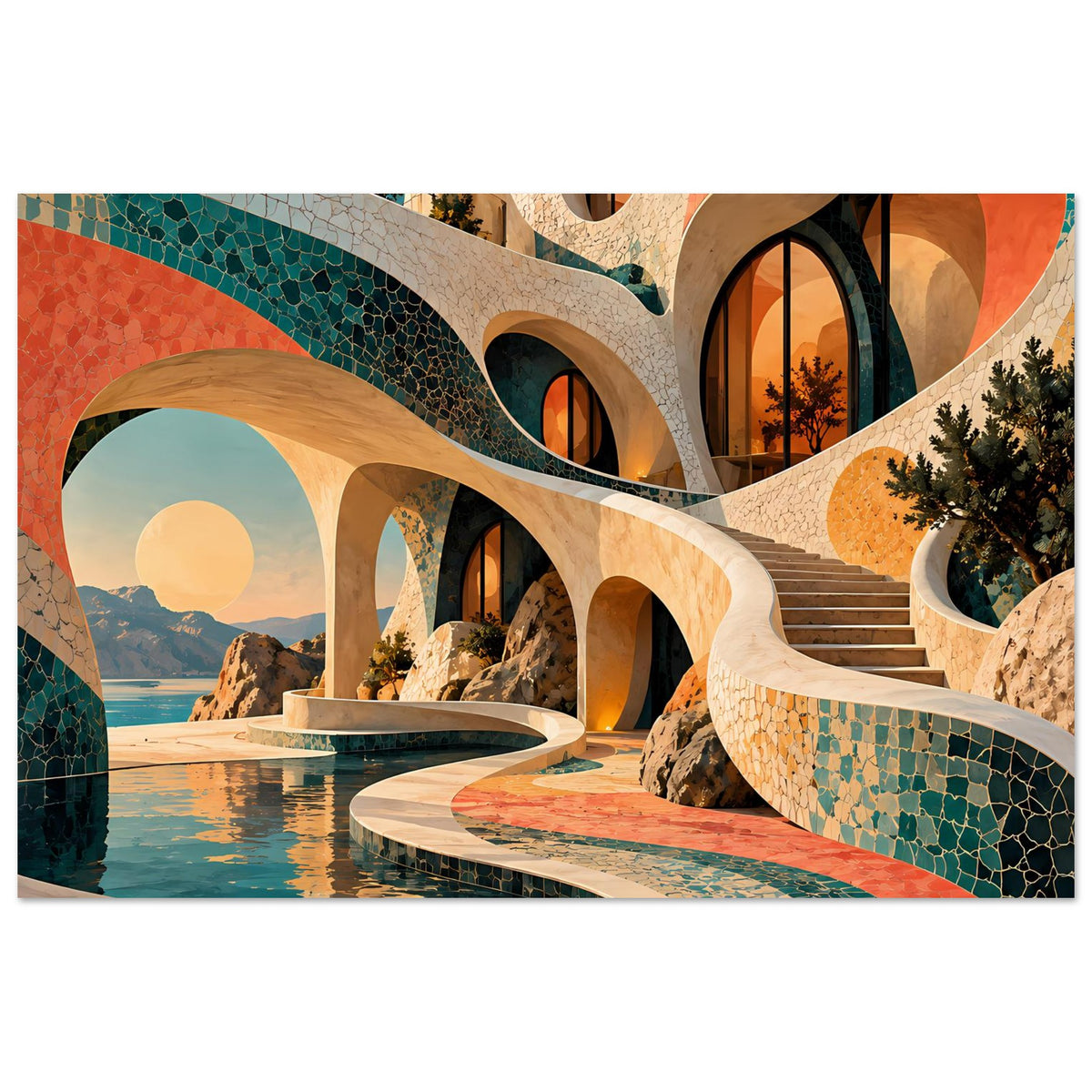Kunstposter mit Mosaikarchitektur: türkis- und korallfarbene Wandbögen, Treppe und Pool