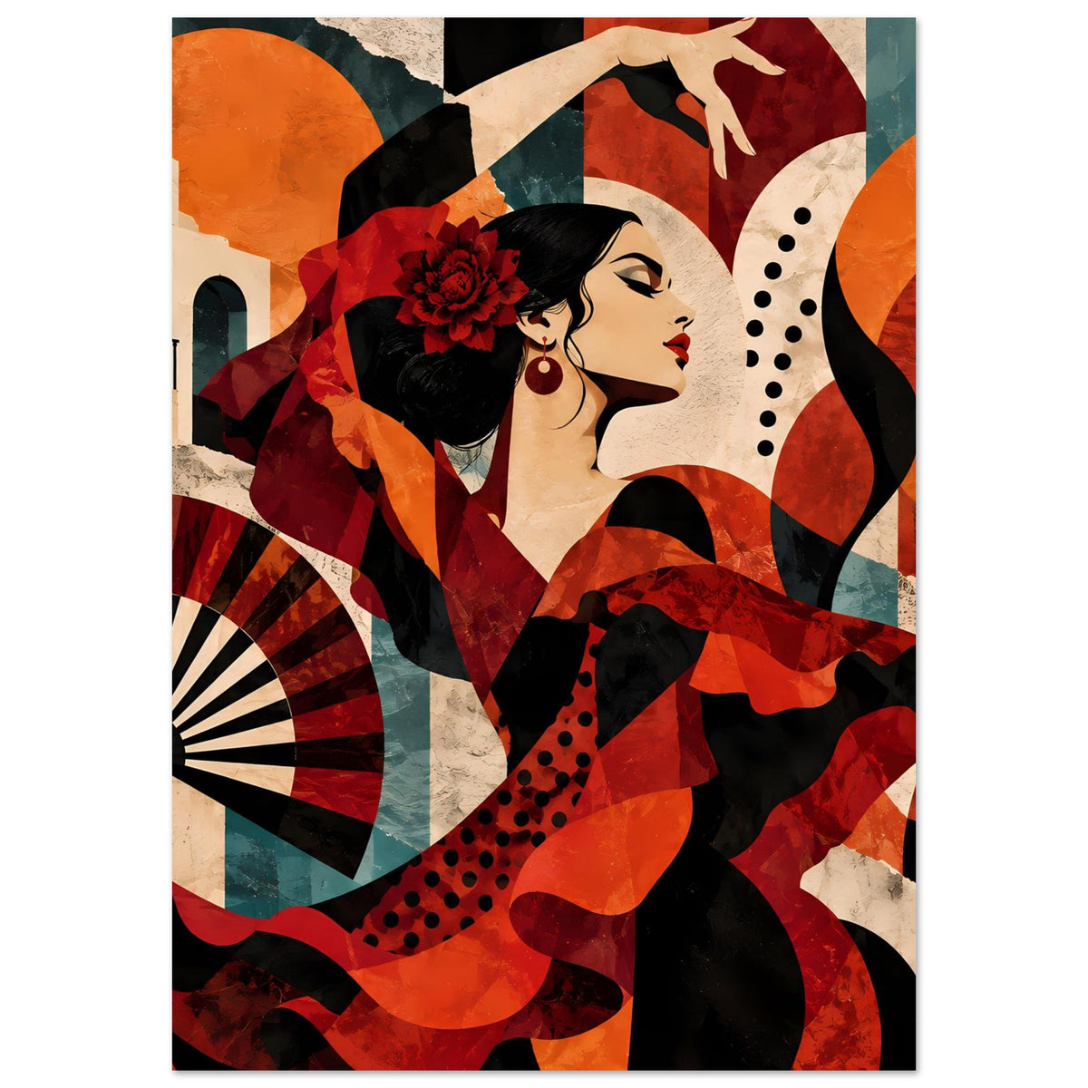 Tanzposter mit Flamenco-Tänzerin im Profil, Punkt- und Wellenmuster in Rot und Schwarz.
