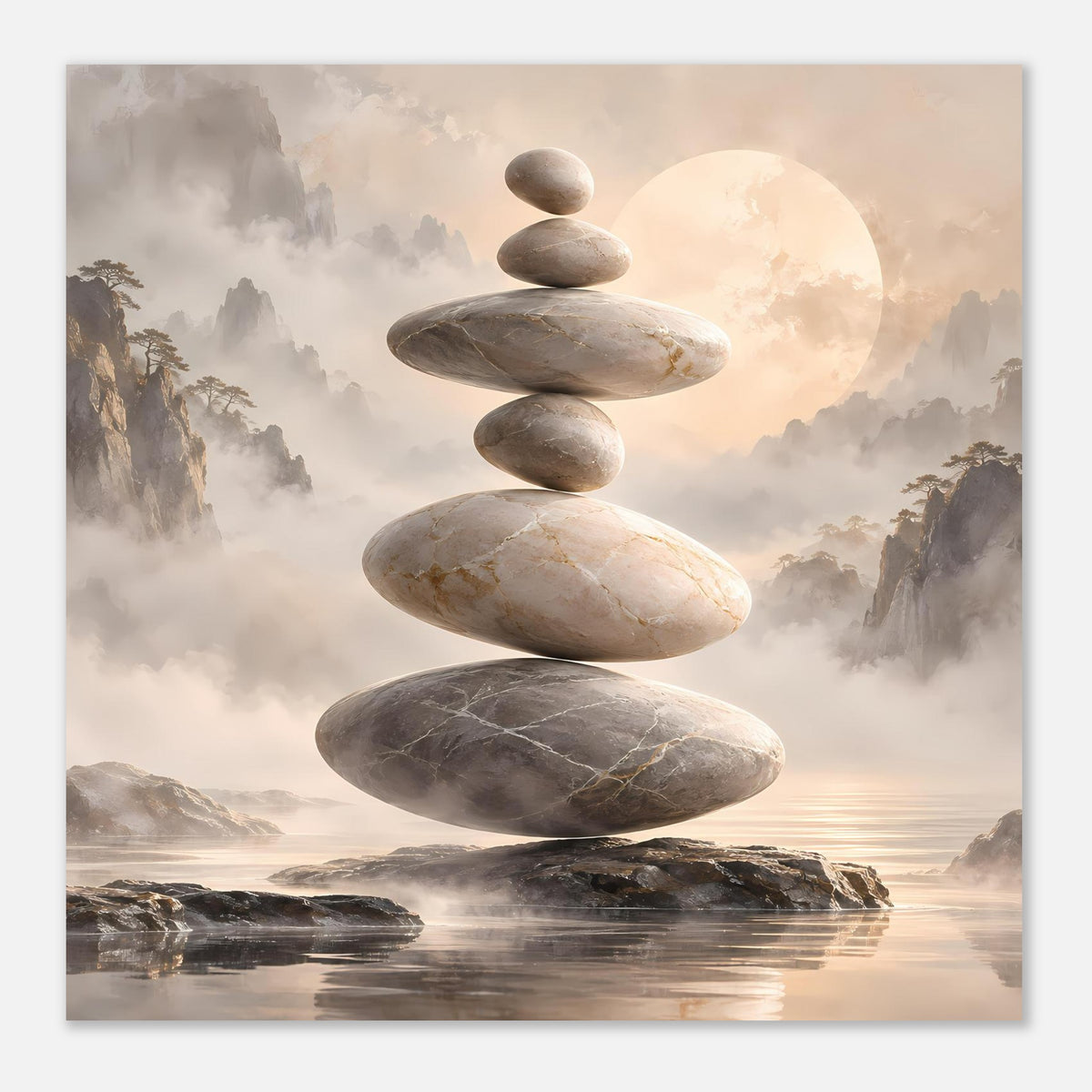 Zen-Steine in Balance vor nebligem Hintergrund in sanften Beige- und Grautönen – Posteransicht 48