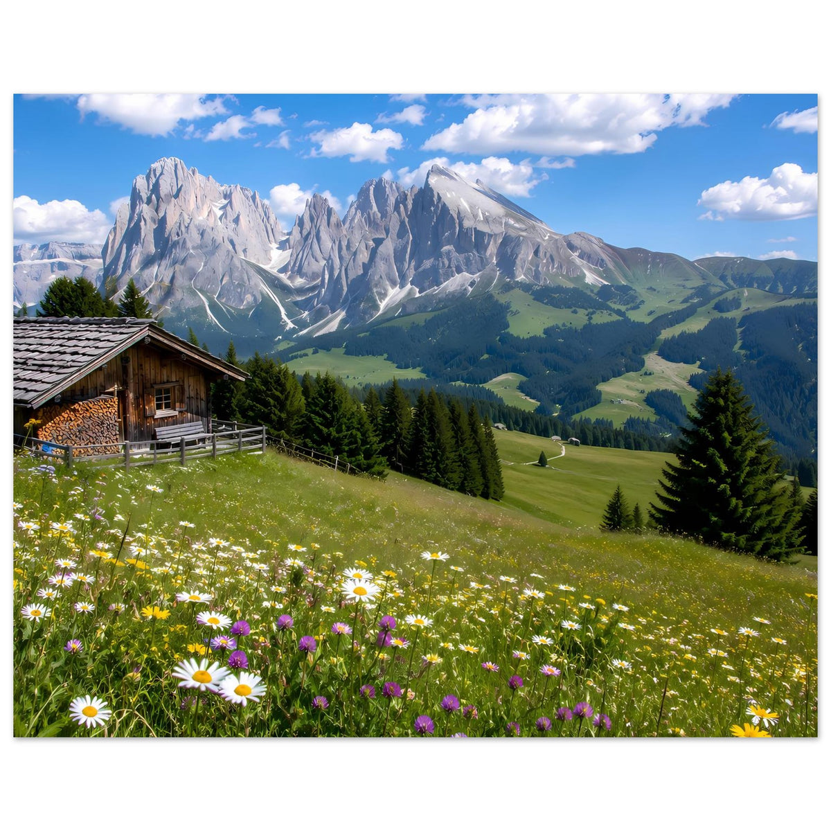 Alpenlandschafts-Poster mit Holzhütte, Wiesenhang und Gipfelkette