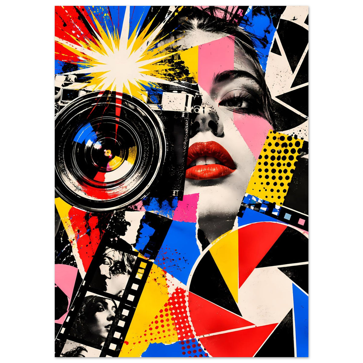 Pop-Art-Fotoposter, Frauengesicht mit Kameraobjektiv und geometrischen Pop-Art-Elementen