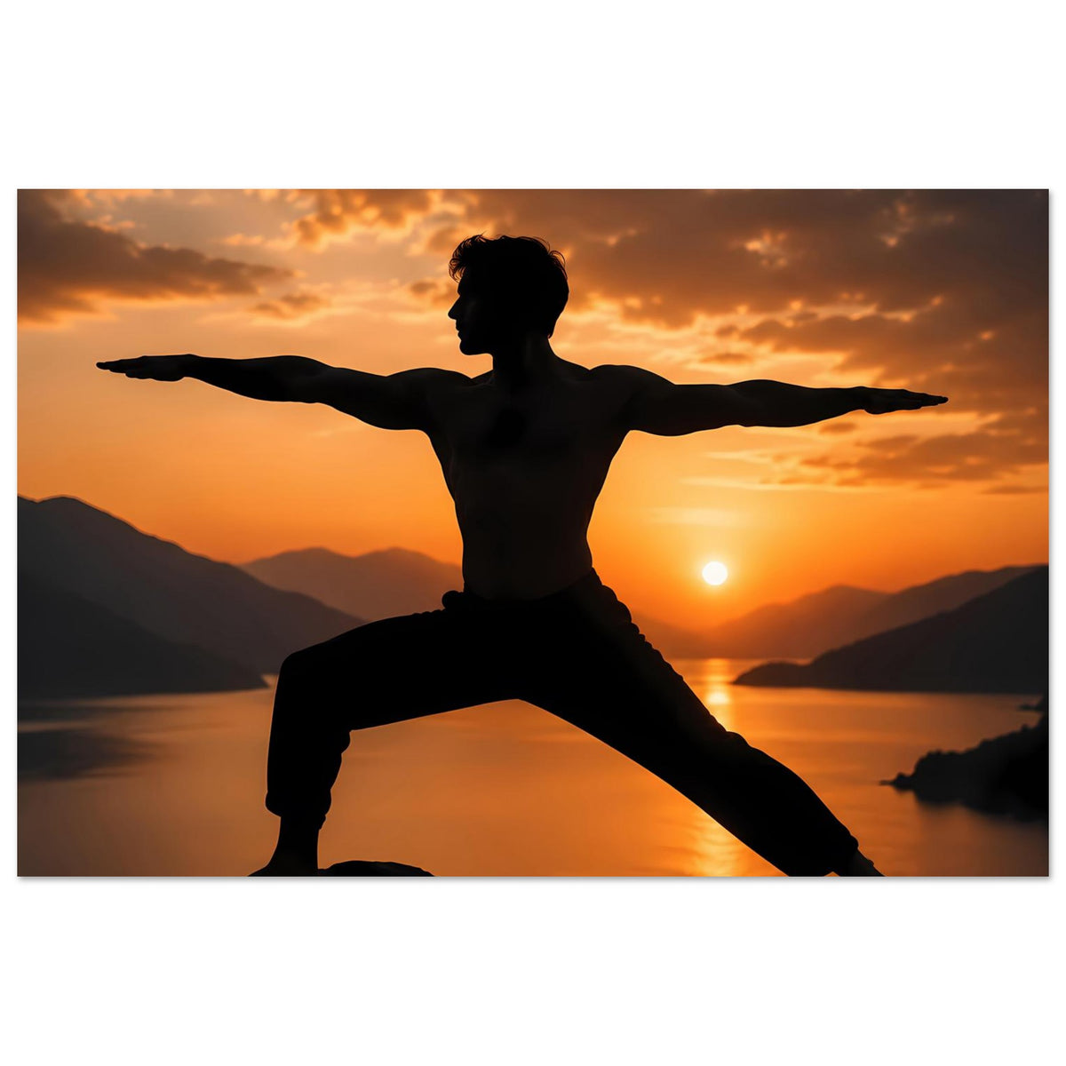 Yoga-Wandposter mit Silhouette in Kriegerpose, Arme waagrecht, Sonne im Hintergrund