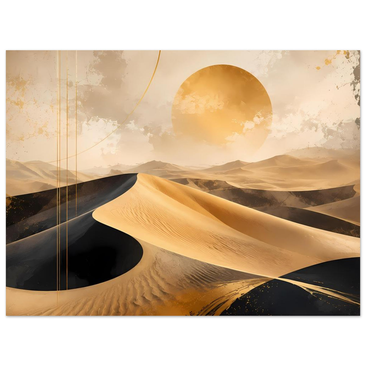 Wüstenposter mit goldenen Dünen, schwarzem Sand und großer Sonnenscheibe im Kreis