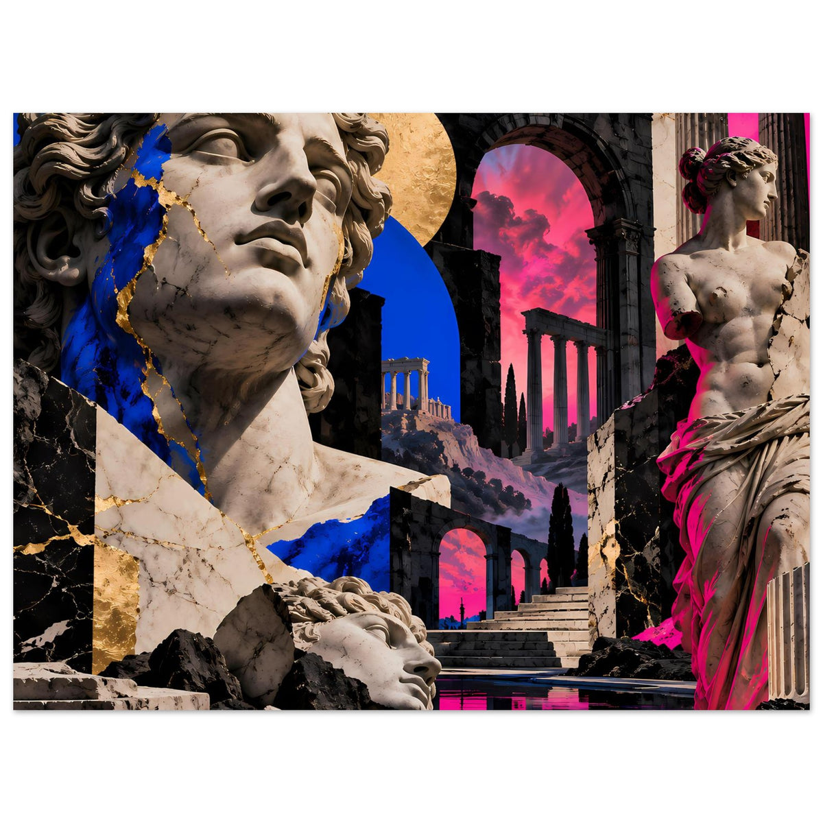 Kunstposter, engerer Ausschnitt: antike Statue links, rosa Neonrand rechts, quer